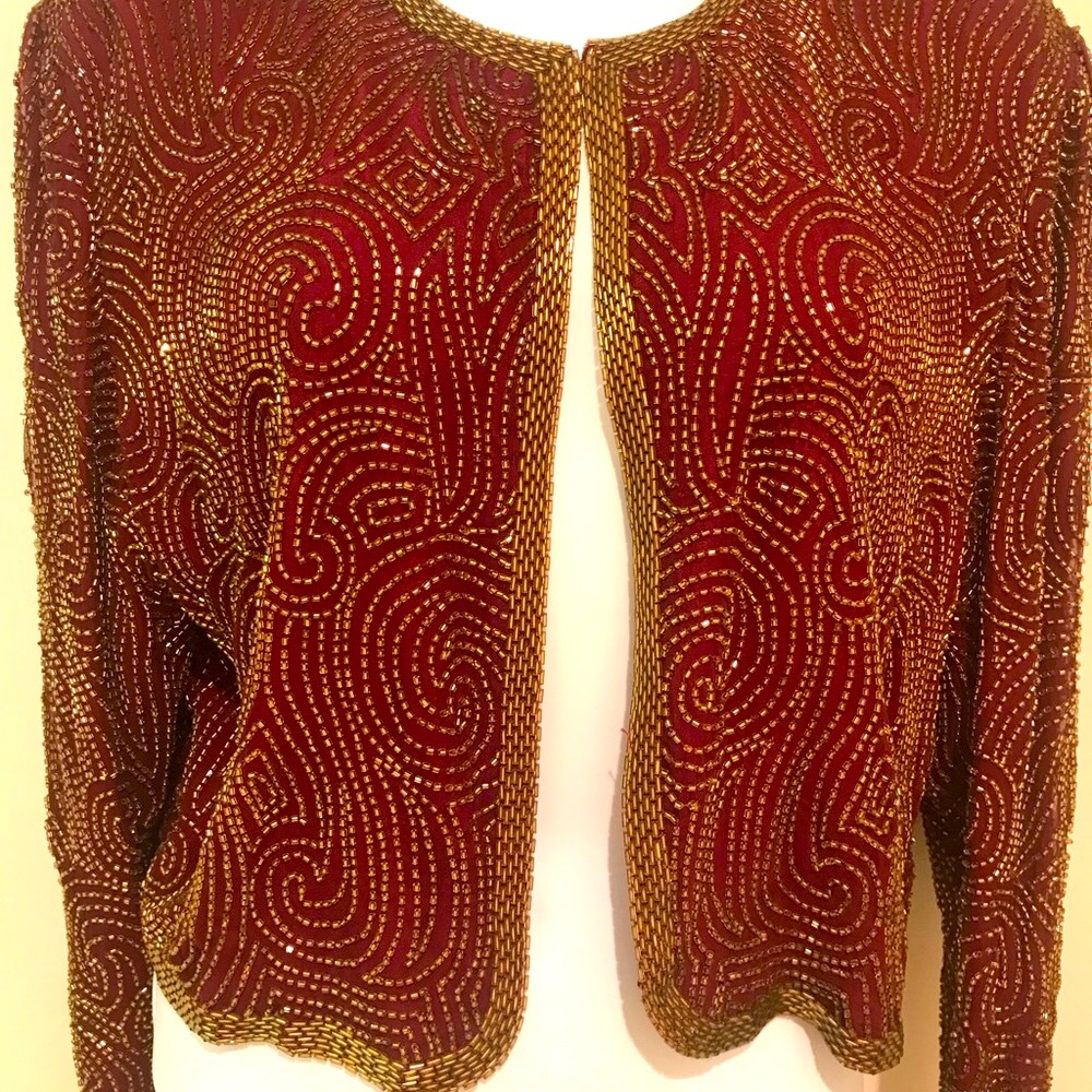 Niteline Della Roufogali SILK Wine/ Gold BEADED CROPPED EVENING JACKET! - Picture 5 of 15
